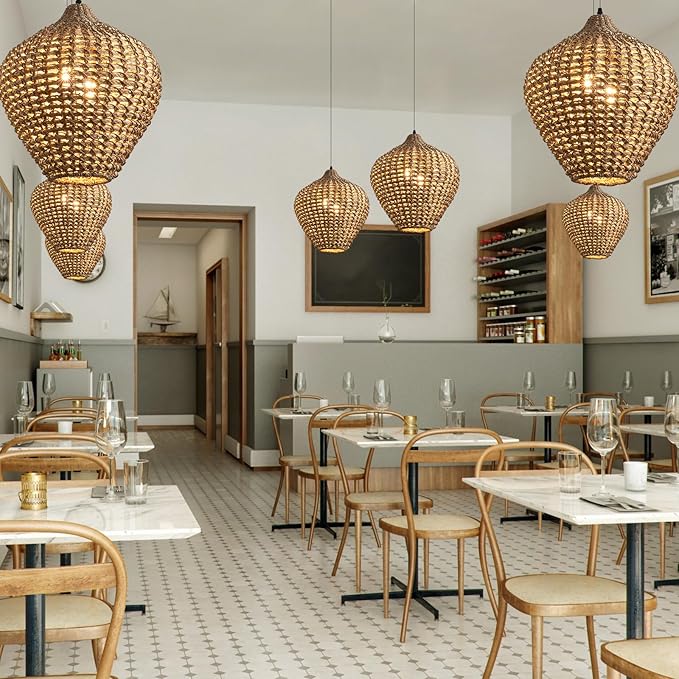 15.75" Rattan Pendant Light,2-Light Boho Hand Woven Coastal Wicker Hanging Ceiling Chandeliers,for Kitchen Island, Dining Room, Farmhouse,Foyer