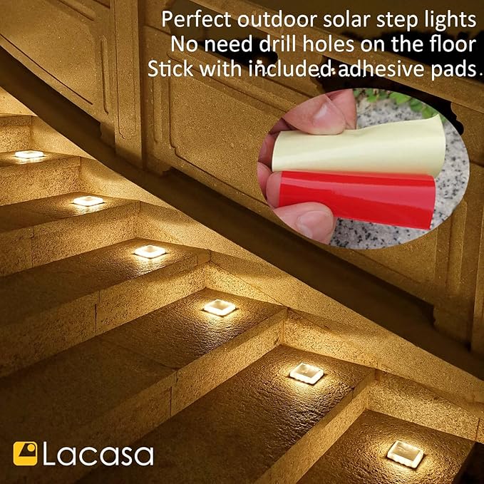 Lacasa Solar Step Lights, 4-Pack 50LM 3000K Warm White LED Solar Deck Lights, Outdoor Solar Powered Step Lights, IP68 Waterproof for Garden Stairs Ground Driveway Pathway