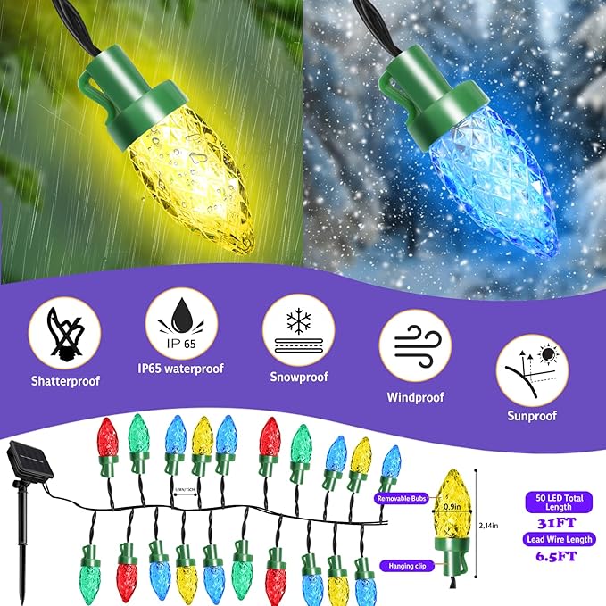 ITICdecor Solar String Christmas Lights C7 31ft 50 LED Colourful Strawberry Hanging Lights Outdoor Waterproof Green Wire Fairy Light Decoration for Garden Patio Yard Camping Party Gifts for Dad Mom