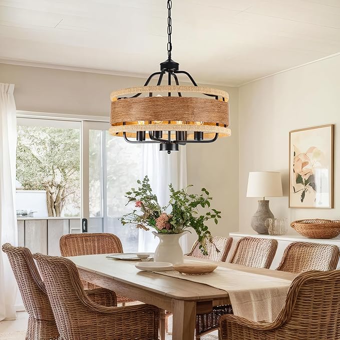 4-Light Farmhouse Boho Chandelier, 20" Wood Texture Woven Rattan Pendant Light, Adjustable Rustic Ceiling Fixture for Dining Room, Kitchen Island, Bedroom, Hallway, Office