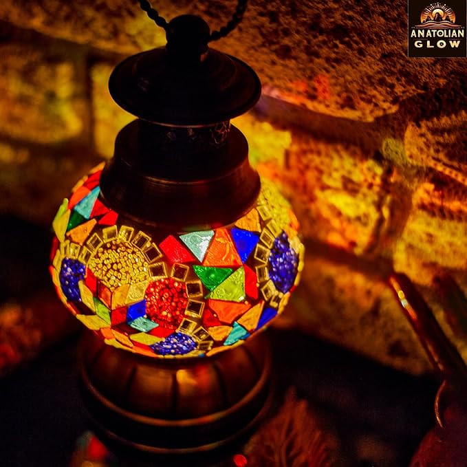 Portable Turkish Mosaic Lamp – Handmade Tiffany-Style Glass Light with Bronze Base and LED Bulb – Battery Powered Bedside Decor Lamp (Colorful Star Pattern) – Globe Size 6.5"