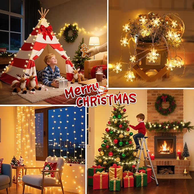 Christmas Lights, 20FT 40 LED Snowflake Fairy Lights Battery Operated Indoor, Rechargeable String Lights, Mini Twinkle Lights with 8 Modes & Timer for Bedroom Party Xmas Tree Decorations Warm White