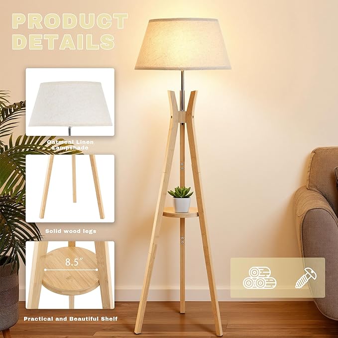 Floor Lamp with Shelf Table, Mid-Century Modern Corner Floor Lamp with Beige Linen Shade, Tall Standing Lamp with Bamboo Tripod Frame, E26 Base for Living Room Bedroom Office