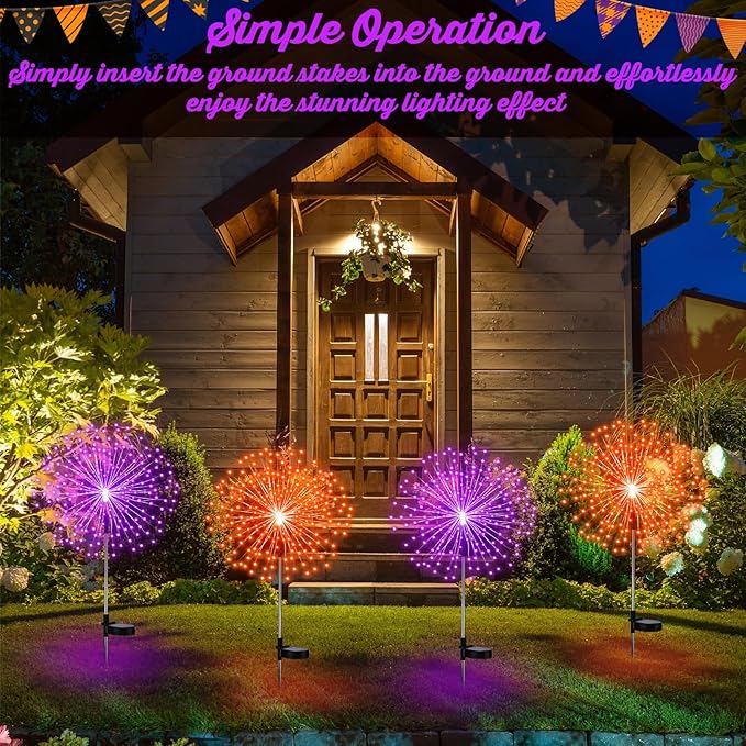 6 Pcs Easter Solar Firework Stake Lights 180 LED 8 Modes Solar Waterproof LED Sparkler Lights Outdoor Decoration for Christmas Holiday Garden Patio Yard Pathway Walkway, Orange, Purple
