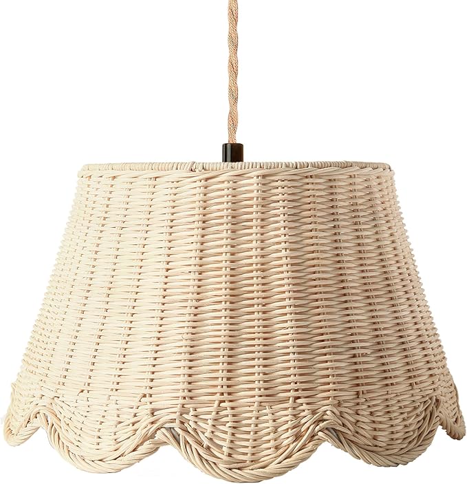 Plug in Scalloped Pendant Light, Rattan Hanging Lights with Plug in Cord 15FT Hemp Rope Cord, Dimmable Switch – Indoor Hanging Lamps for Boho Living Room Bedroom（Bulb Included） (Natural)