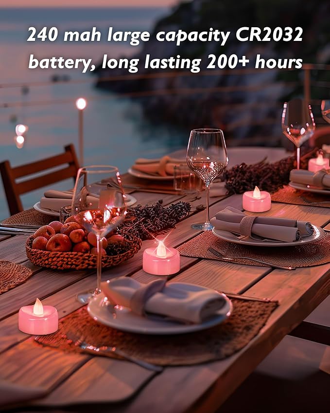 Flameless Candles, 12 Pack Tea Lights Candle Battery Operated, LED Tealight Votives, Realistic Tea Lights for Wedding Christmas Party Home Decor -D 1.5” x H 1.25” -Pink Light