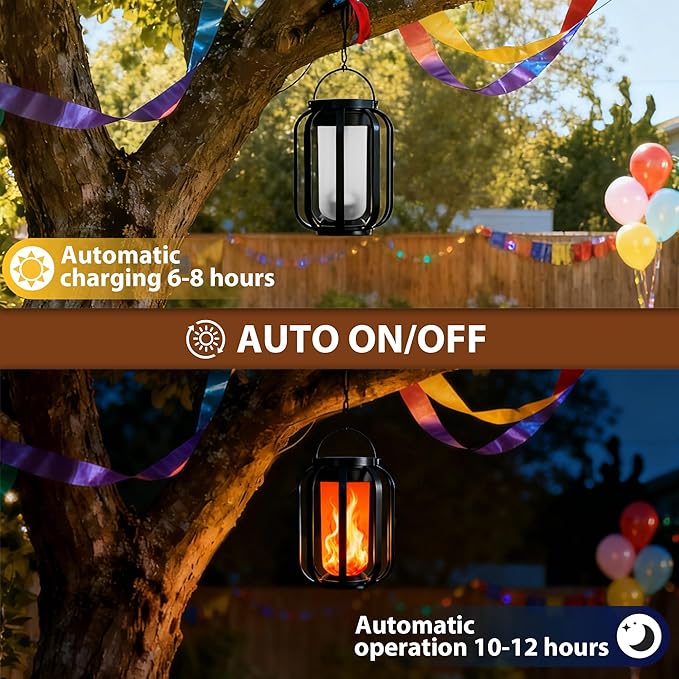 Solar Lanterns Outdoor Lights, 2 Pack Flickering Flame Garden Lights with 2 Modes Dual Charging USB & Solar, Outdoor Waterproof Hanging Lantern for Halloween Party Holiday Decor