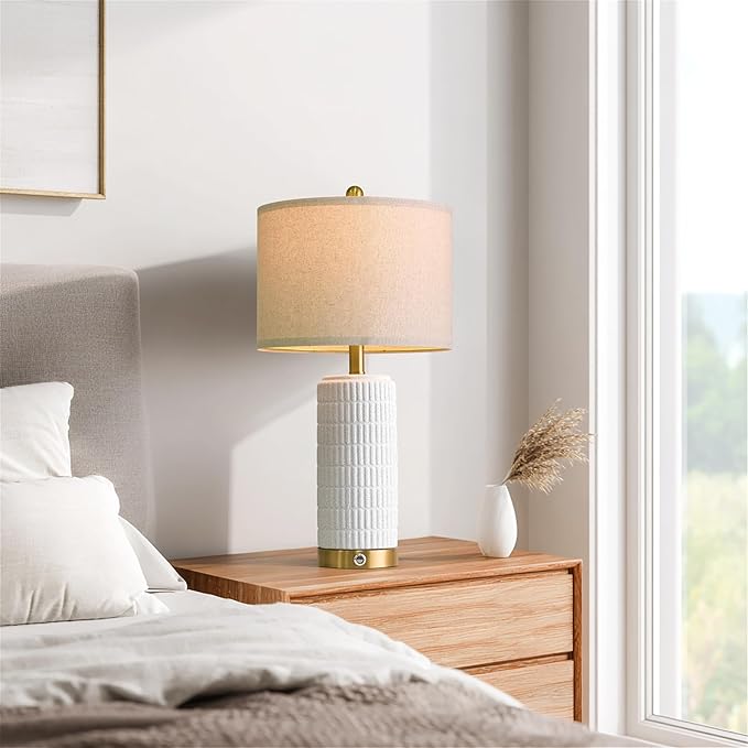 PoKat Touch Bedside Table Lamps with USB Ports for Bedroom, 25'' Dimmable Nightstand Touch Lamps for Night Stands, White Stone-Like Ceramic Lamps with Gold Base for Living Room End Side Table