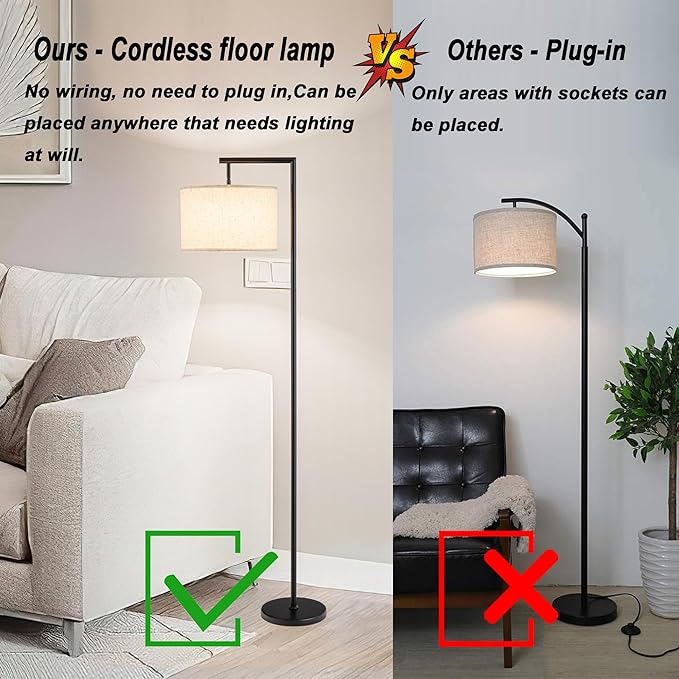 Modern Battery Operated Floor Lamp Cordless for Living Room, 10000mAh RGB Dimmable Lamp with Remote Control Lighting time up to 50 hrs, Tall Standing Floor Lamp for Bedroom, 2 Bulb