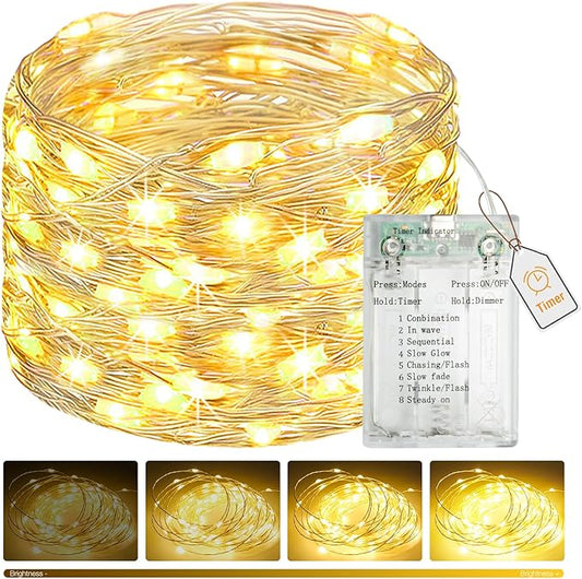 btfarm Fairy Lights Battery Operated with Timer 8 Modes, 16.4 FT 50 LED Silver Wire Twinkle String Lights Battery Powered Dimmable Waterproof for Indoor Home Party Wedding Christmas Decor, Warm White