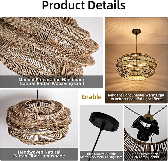 19.7" Rattan Pendant Light,Hand-Woven Rustic Wicker Hanging Light Seagrass Ceiling Chandelier,Water Plants Rattan Chandelier for Dining Living Bedroom Kitchen Farmhouse
