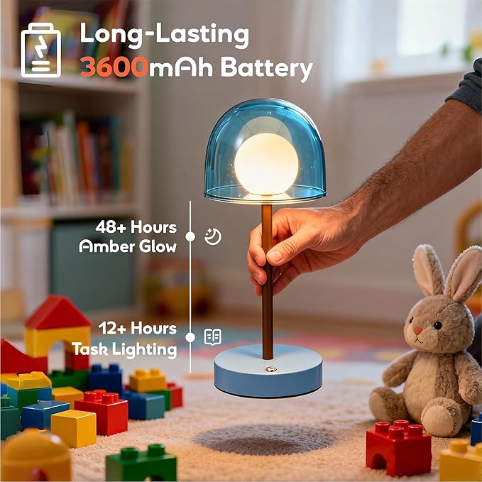 Small Lamp Battery Operated, Bathroom Shower Lamp IP44, Cordless Blue Light Desk Dimmable, Rechargeable Lamp Mushroom, Boy Cool Desk Lamp for Nightstand Nursery, 7.7" W x 10.6" H (Sky Blue)