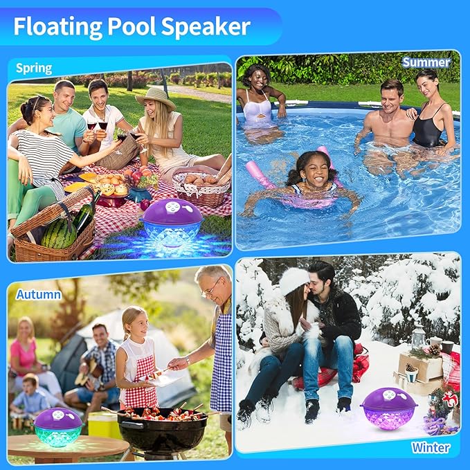 Blufree Floating Pool Speakers with Colorful Lights, Bluetooth Wireless Pool Speaker Floatable IP68 Waterproof, Built-in Mic & Crystal Clear Sound Bluetooth Hot Tub Speaker for Pool Party Outdoors