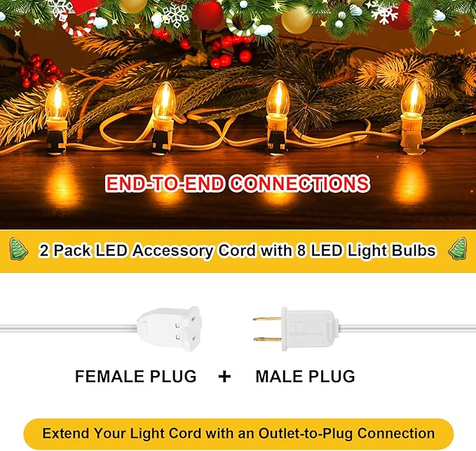2Pack Accessory Cord with 8LED Bulbs and Outlet Christmas Village Light 18FT Blow Mold Light Cord with Spare Fuse Warm White C7 Lamp Christmas Village Accessories for Village Houses Craft Pumpkin
