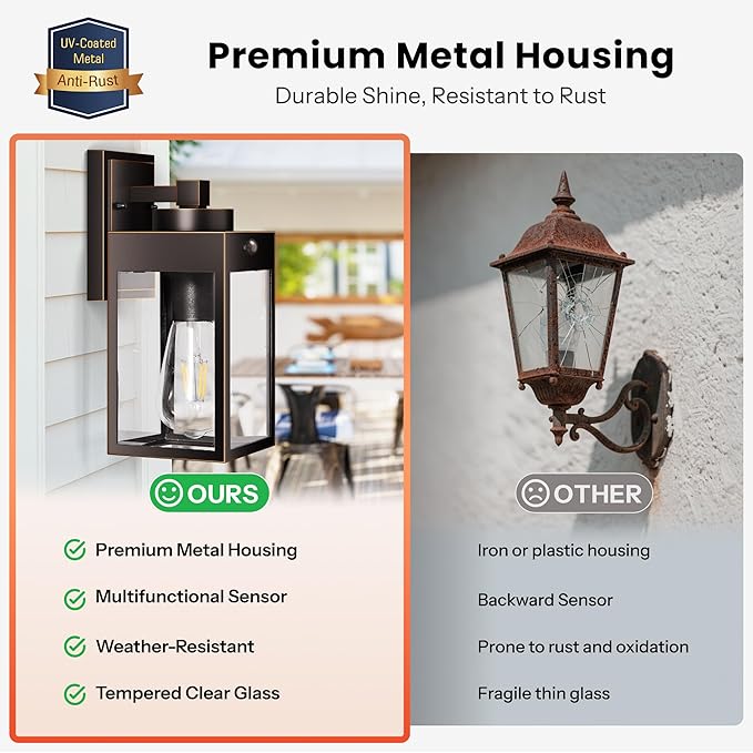 Gleamz Motion Sensor Outdoor Garage Lighting Fixtures, Oil Rubbed Bronze Gold Trim Farmhouse Exterior Porch Lights Wall Mount with Tempered Glass, Waterproof Outdoor Wall Lantern for House, Front Door