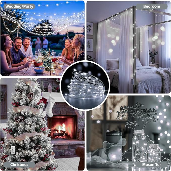 6 Pack Rechargeable Fairy Lights with Remote & DIY Timer, 7ft 20LED Dimmable Silver Wire String Light for Mason Jar, Mini Twinkle Lights for Indoor Christmas Bedroom Wedding Decor, White