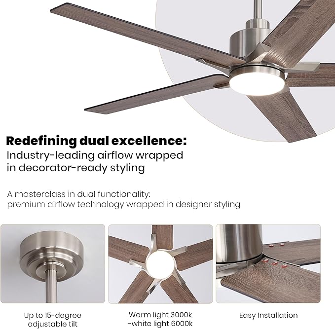 52 Inch Ceiling Fans with Lights and Remote Control for Bedroom, Modern Nickel Ceiling Fan with Quiet Reversible DC Motor, 3CCT, Dimmable, LED Lighting for Living Room, Patio, Indoor and Outdoor