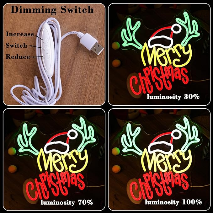 Merry Christmas Neon Sign with Deer Antlers and Santa Hat, Cute Happy New Year Decor for Home, Holiday Party Decorations, Xmas Lights for Wall Window Bar