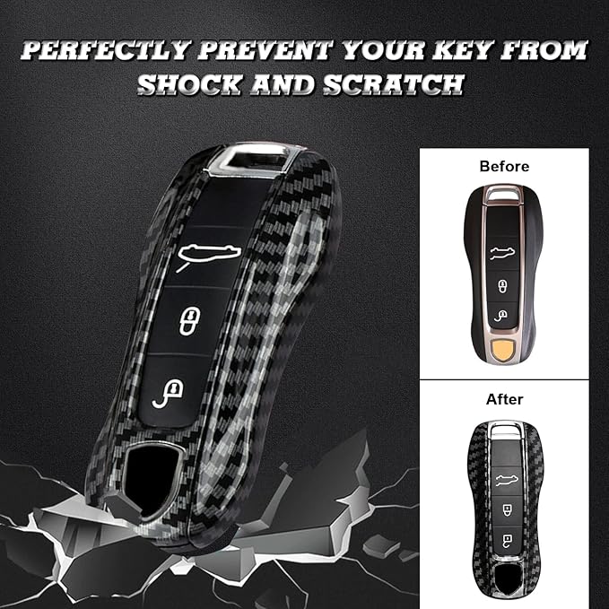 Xotic Tech Carbon Fiber Style Remote Key Covers Case, Compatible with Porsche Cayenne Cayman Panamera 971 Macan Taycan 911 991 918 Carrera 992, 3PCS Smart Key Fob Painted Keyless Entry Protectors