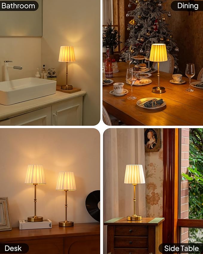 EppieBasic Cordless Table Lamp Rechargeable: Fast Charging & Long Lasting - 2700K Warm Light Vintage Gold Lamps - Dinning Living Room Bedroom - Pleated Shade - 2 Pack