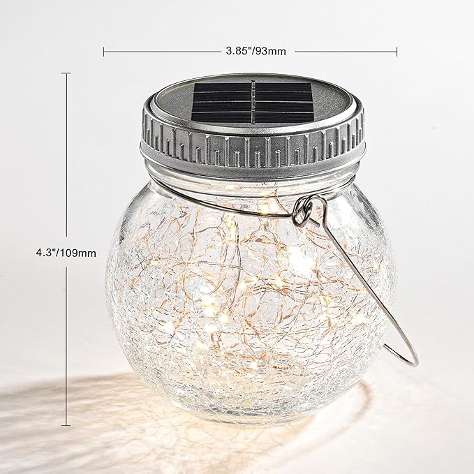 Cooo 2 Pack Crackle Glass Solar Lantern with 30 LED Firefly Lights– Waterproof Outdoor Hanging Lamp 215% Larger Solar Panel, Anti-Rust Lids Decorative Lighting for Garden Patio Christmas Decorations
