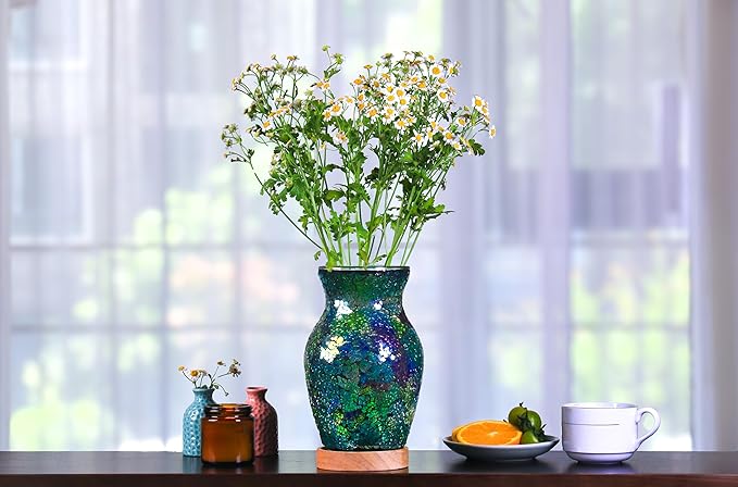 8-Inch Handcrafted Mosaic Cracked-Ice Vase Bedside Lamp with USB-Powered LED Wooden Base 10 Brightness Levels & 3 Color Temperatures,Art Decor Purple-Green Vase Night Light for Home