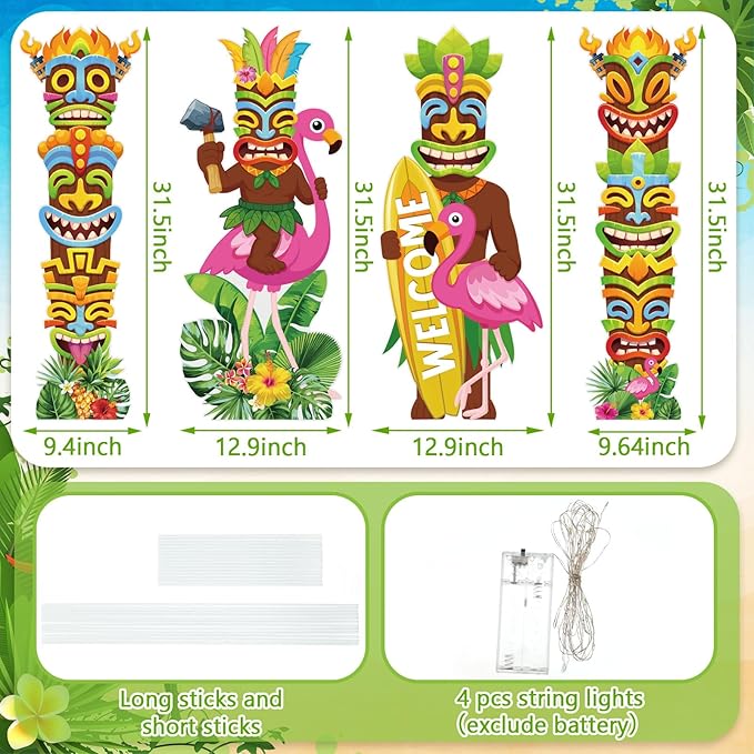 Bencailor 4 Pcs Hawaiian Outdoor Decorations Hawaiian Flamingo Yard Stake Signs with LED Light Large Tropical Beach Party Supplies Decor for Summer Outdoor Lawn Garden Stand Party Supplies