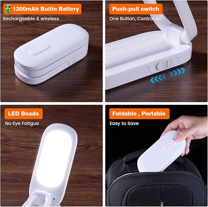Foldable LED Desk Lamp, Rechargeable Battery Operated Portable Light with 3 Brightness Levels, 180° Adjustable Eye-Caring Mini Lamp for Home Office, Reading & Travel (White)