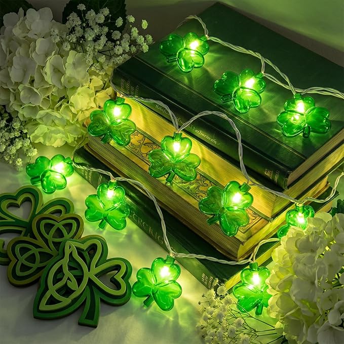 8.5Ft St Patricks Day Lights, 10 LED Clear Green 3D Shamrock Lights Plug in, Connectable St Patrick's Day String Lights Shamrock, St Patricks Day Outdoor Lights for Home Party Decor