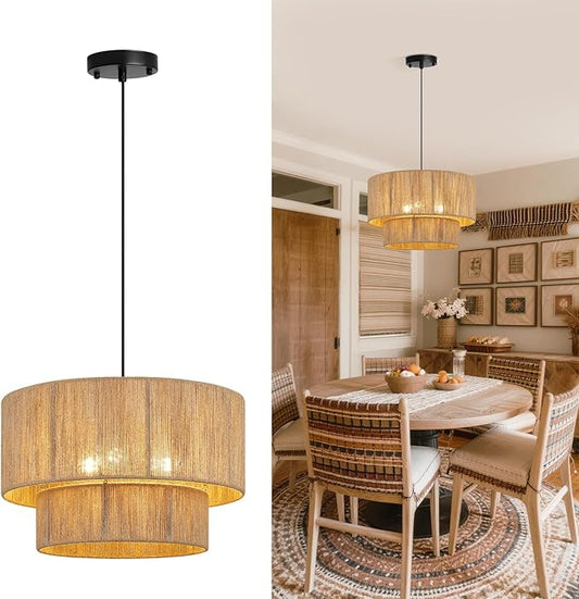18 Inch Large Rattan Woven Pendant Light, Boho Farmhouse Hanging Chandelier Lamp Fixture, Natural Wicker Jute Lighting for Dining Room, Kitchen Island, Living Room, Table, Entryway, Foyer