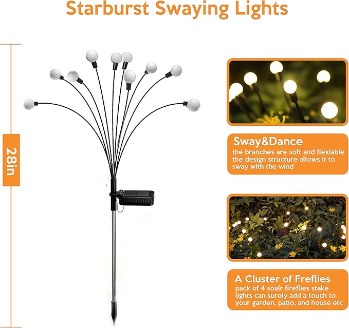 Solar Garden Lights - Pack of 4 Solar Firefly Lights Sway by Wind, Waterproof 40 LEDs Outdoor Lights, Pathway Lights Outdoor for Yard Patio Walkway Decoration, Warm White