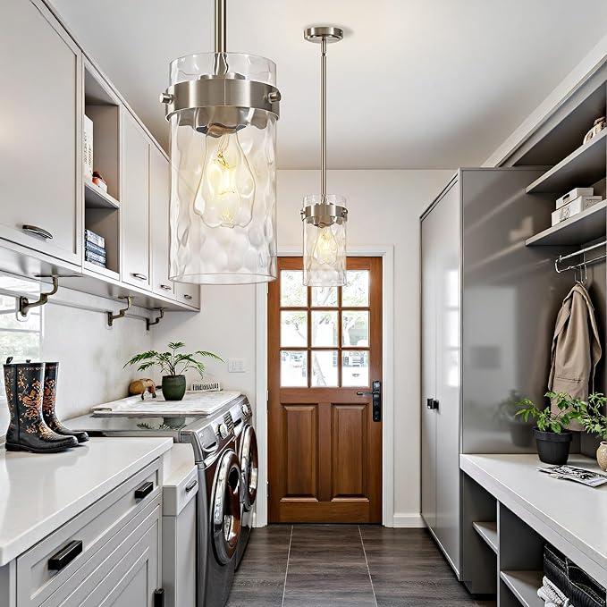 4.72" Hammered Glass Pendant Lighting for Kitchen Island 1 Pack, Modern Brushed Nickel Pendant Light Fixtures, Adjustable Ceiling Pendant Light for Kitchen Island Dining Room Bedroom Hallway