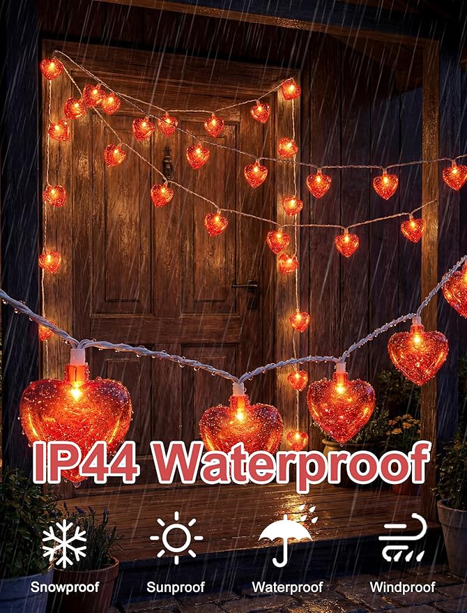 8.5Ft Red Heart String Lights,10 LED 3D Glitter Hearts Plug in Fairy Heart Shape Lights,Connectable Valentine's Day Decorations for Bedroom,Window,Wedding,Anniversary,Indoor Outdoor