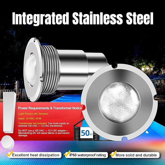 Pool Lights for Inground Pool, 1.5 Inch LED Color Inground Pool & Spa Light, IP68 Waterproof Nicheless Pool Lights, AC12V, 50 ft Cord, Remote Control (Controller Not Supported)