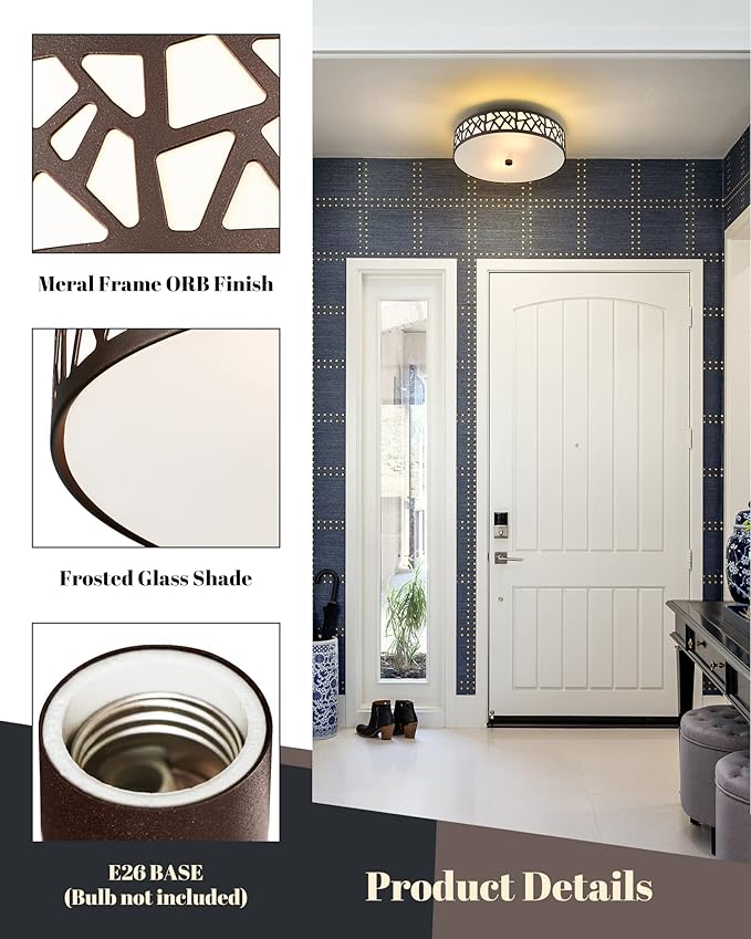 2 PK Flush Mount Ceiling Light Fixture, 12 Inch Ceiling Light Fixtures with Frosted Glass Shade, 2 - Bulb Oil Rubbed Bronze Light Fixtures Ceiling Mount for Bedroom, Hallway, Kitchen, Bathroom