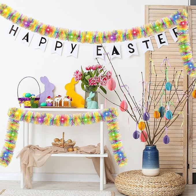Chuangdi 16.4 ft Easter Tinsel Garland with LED String Light Easter Egg Twist Metallic Wire Garland Tinsel Foil Hanging Decor, Colored, Colored Light