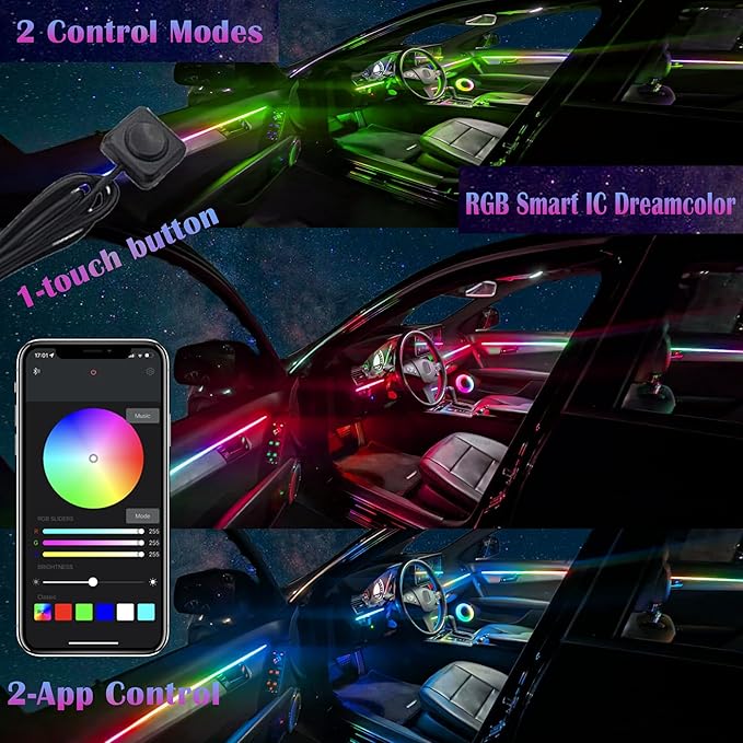 Dreamcolor Acrylic Interior Car LED Strip Light, RGB 6 in 1 Fiber Optic Ambient Lighting Kits, 16 Million Colors Sound Active Function Car Neon Lights with Wireless APP
