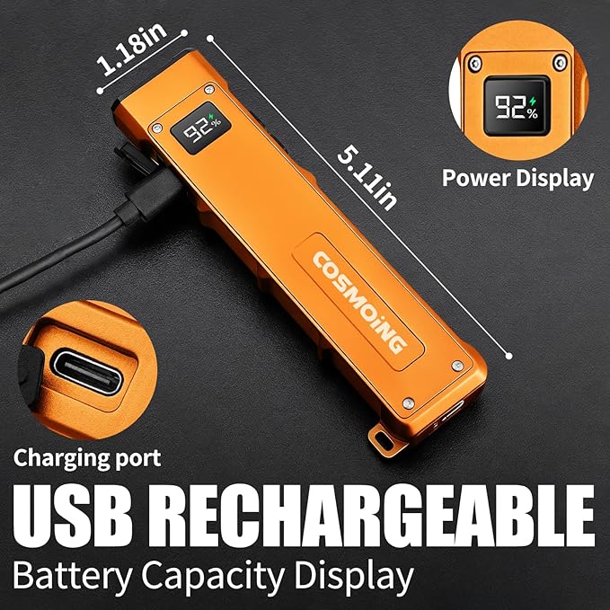 Rechargeable EDC Flashlight, 1800 Lumens Flat Flashlight 9 Mode with White LED/UV/RGB Modes, Magnetic Clip-on Pocket Flash Lights for Camping, Emergency, Repair, Pet Urine Detection, Working - Orange