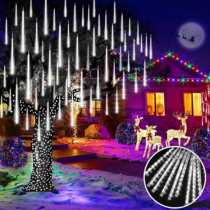 KNONEW Christmas Lights Outdoor, 15 inch 24 Tubes 672 LED Meteor Shower Lights Plug in Waterproof Falling Rain Light for Xmas Tree Wedding Party Garden Holiday Rooftop Decorations (Cool White)