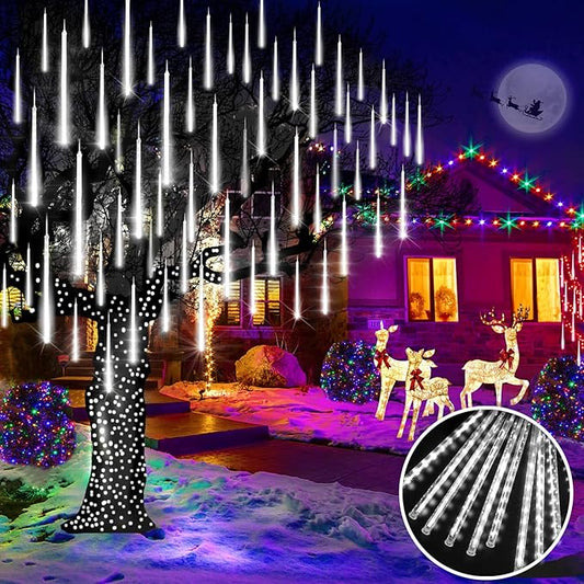 KNONEW Christmas Lights Outdoor, 15 inch 24 Tubes 672 LED Meteor Shower Lights Plug in Waterproof Falling Rain Light for Xmas Tree Wedding Party Garden Holiday Rooftop Decorations (Cool White)