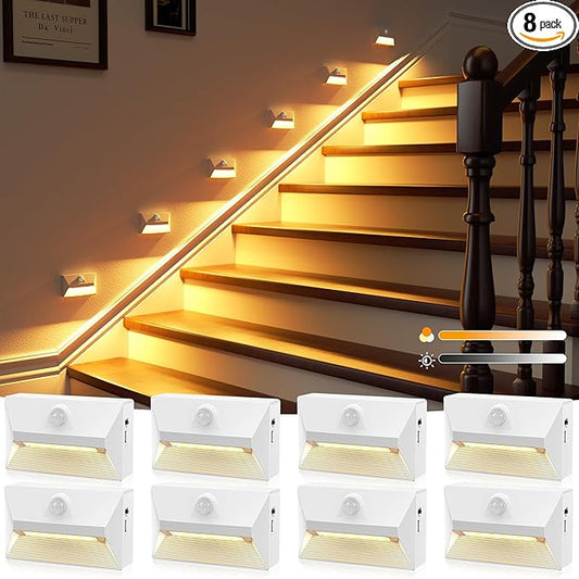 NIORSUN Motion Sensor Night Light, Rechargeable Stair Lights Indoor, 3 Colors and Motion Modes 2000mAh Battery Night Light with Light Sensor for Stairway, Hallway, Bathroom, Kitchen White 8 Pack