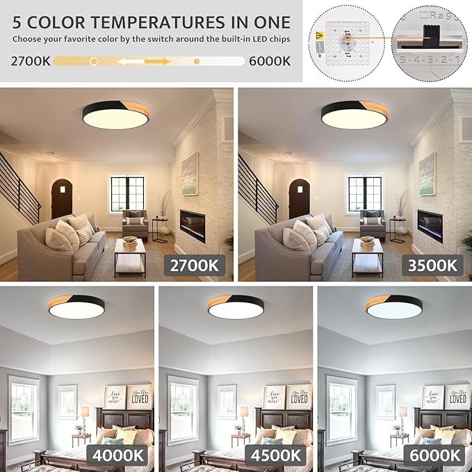 Vikaey Modern Dimmable LED Ceiling Light, Minimalist Wood Style 5CCT 2700K-6000K Flush Mount Ceiling Light Fixture, Round Lighting Lamp for Bedroom Living Room Dining Room Laundry, Black, 15.8"