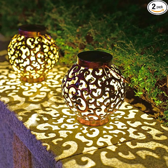 Large Solar Lanterns 2 Pack Outdoor Waterproof LED Metal Hanging Solar Lights for Garden Yard Patio Tree Tabletop Landscape Decorations (Brown)