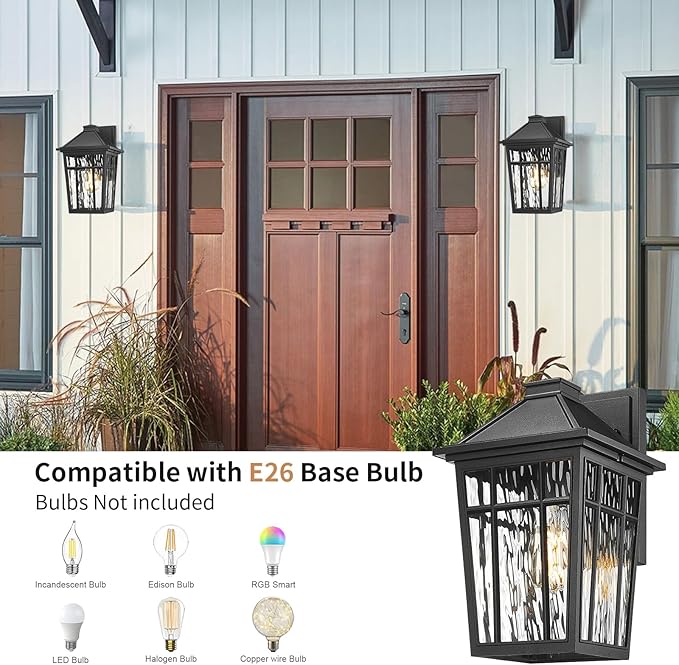 Darkaway 2pcs Outdoor Wall Lights for House, 14inch Large Exterior Lighting Fixtures Wall Mount Porch Lights Waterproof Outdoor Sconce Lights with Water Ripple Glass for Patio Hallway Garage