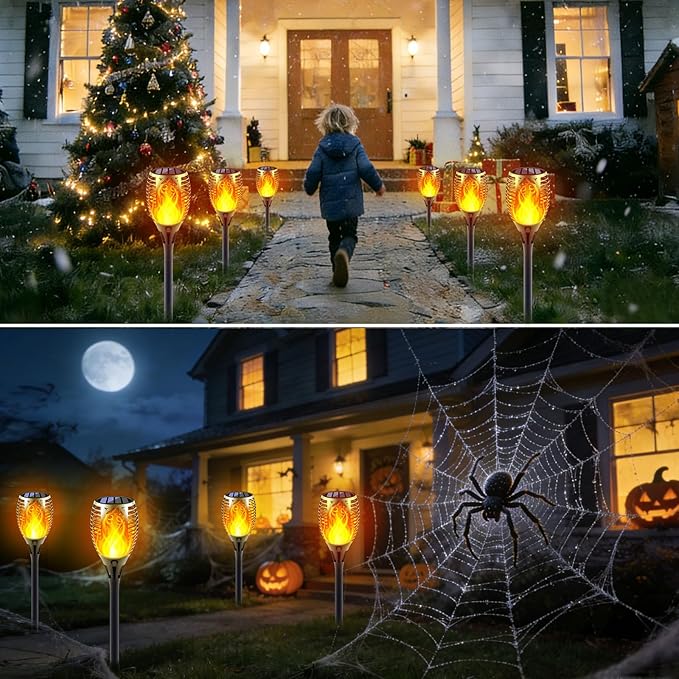 Solar Torch Lights with Flickering Flame, Fire Effect Garden Light, Auto On/Off Dust to Dawn, Outdoor Waterproof Landscape Decoration, Powered Security Light for Patio, 8 Pack
