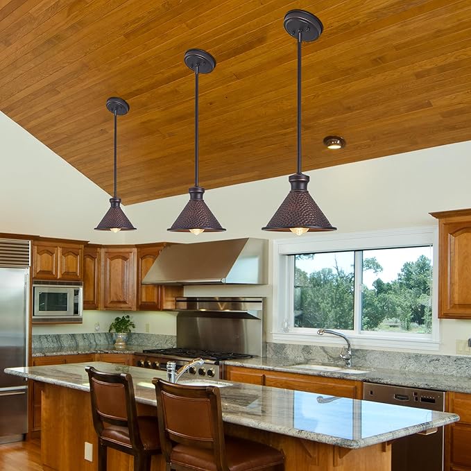 Max 58”Ht Adjustable Tube Mini Pendant,Vintage Hammered Pattern Cast Aluminum Shade,1-E26 Classic Lamp,Oil Rubbed Bronze Farmhouse Hanging Light for Kitchen Island,Entryway,Dining Room.