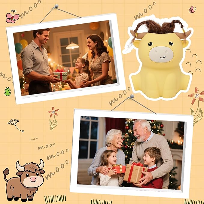 Highland Cow Night Light, Fluffy Cow Squisy Lamp for Kids, Soft Silicone Animal Nightlamp with 2 Levels Dimmable & 20 Mins Timer, Rechargeable LED Light Gifts for Baby Boys Girls