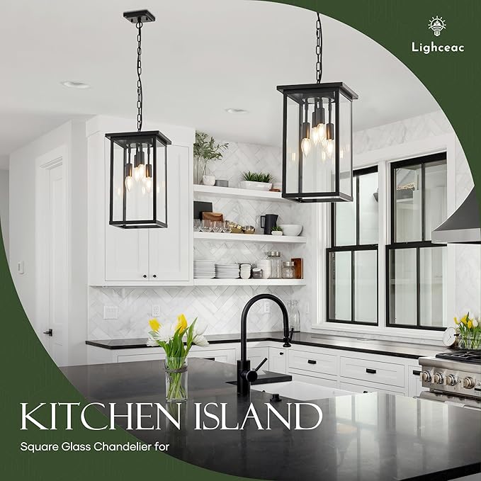 10" Modern 4-Light Exterior Black Square Lantern Pendant Light Fixture with Clear Glass Industrial Hanging Cage Chandelier for Outdoor Porch Kitchen Island Dining Room Hallway Entryway Foyer