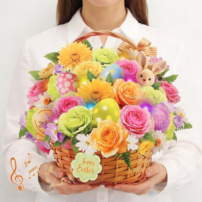 Tcamp Easter Cards with Envelope, Pop Up Easter Cards with Music and Lights, Easter Eggs Bunny Flower Basket Easter Card for Kids Adults Women Mom Daughter Sister Girls