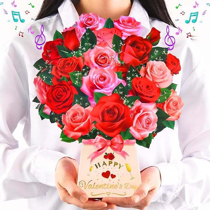 Pop Up Valentine’s Day Card with Light & Music, 12 Inch Paper 3D Rose Bouquet Greeting Card with Envelop, Happy Valentines Day Cards for Wife, Popup Valentines Day Card Gifts for Her Women Girlfriend